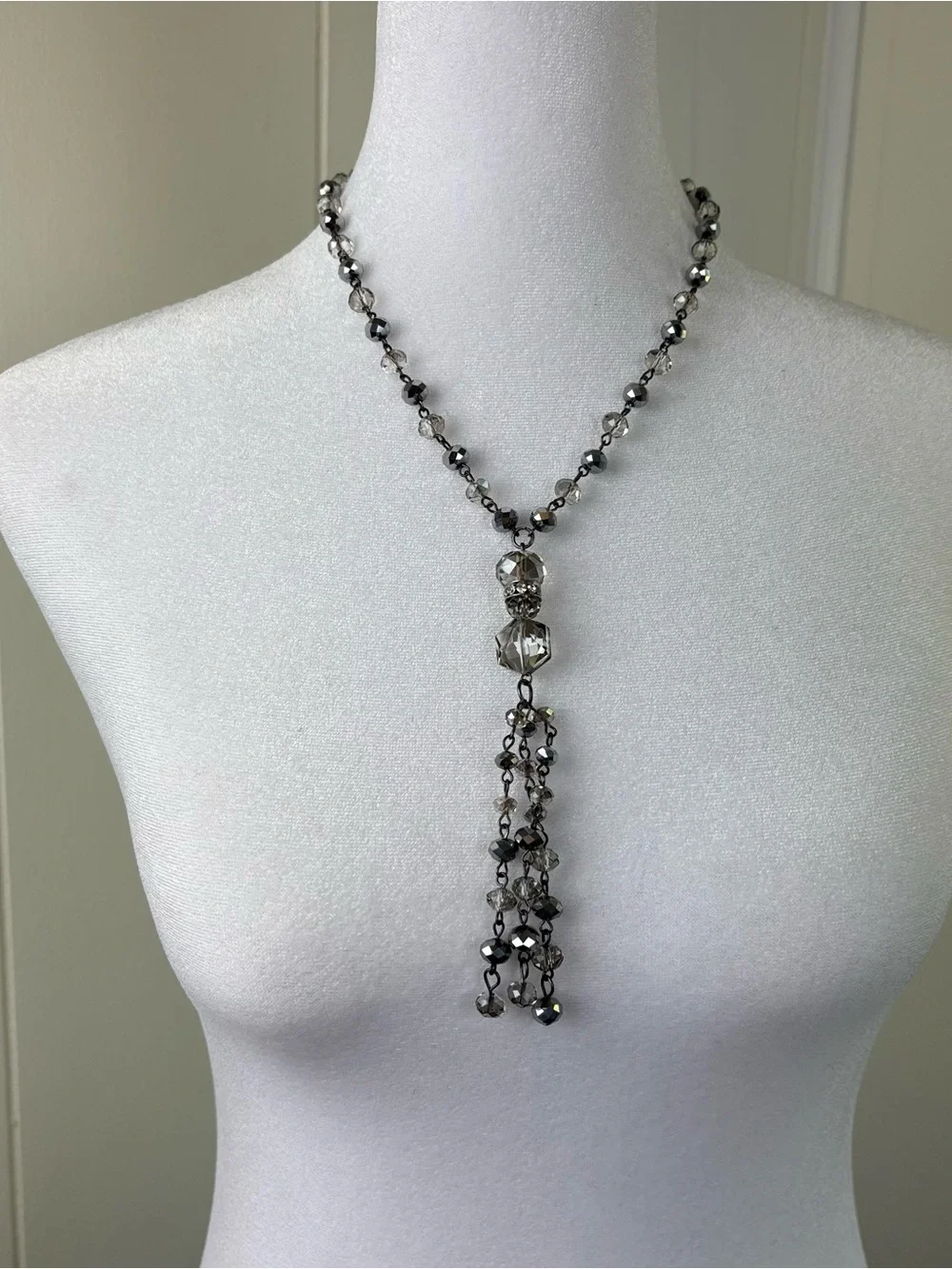 Crystal Bead Tassel Necklace - Silver-Tone